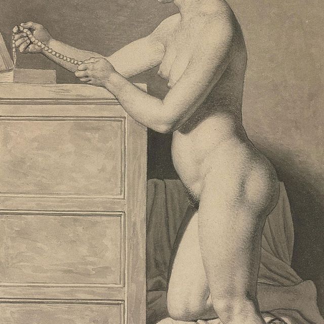 Christoffer Wilhelm Eckersberg — Обнаженная женщина, стоящая на коленях на стуле и любующаяся жемчужным ожерельем