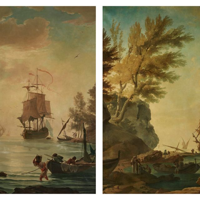 Claude Joseph Vernet — Сцена гавани на закате с фигурами на стене гавани справа; и гавань на закате с элегантными дамами на переднем плане.