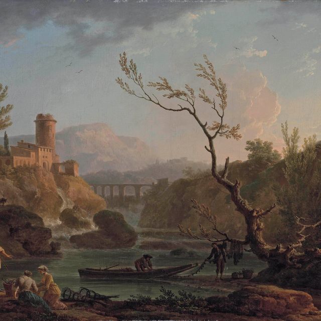 Claude Joseph Vernet — Живописный вид Монферрата на рассвете с ущельями Вердон и рекой Нартуби, рыбаки выгружают свой улов.