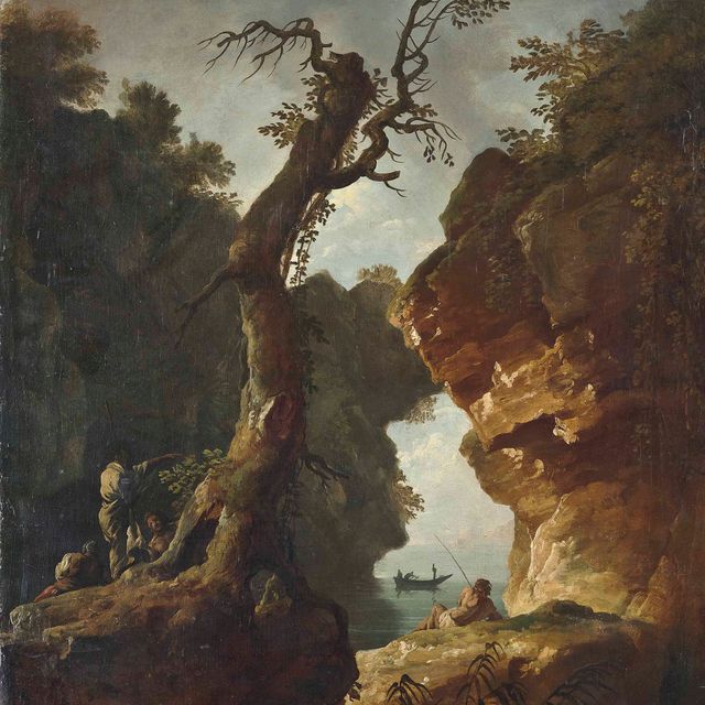 Claude Joseph Vernet — Рыбак и другие фигуры на фоне скалистого прибрежного пейзажа, лодка на горизонте