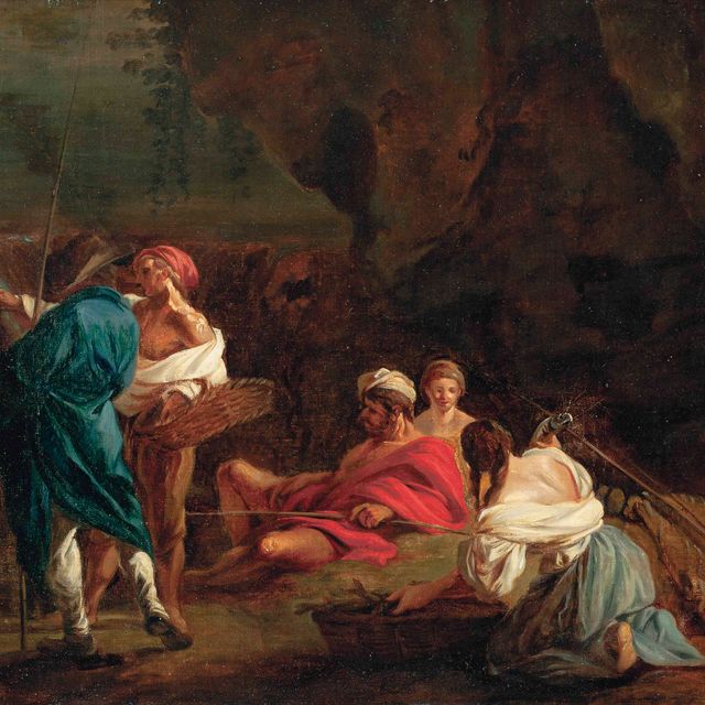 Claude Joseph Vernet — Рыбаки отдыхают, беседуя на фоне скалистого пейзажа, водопада за ним.