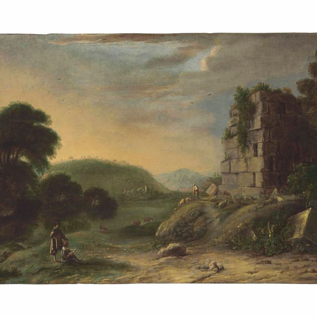 Claude Lorrain — Аркадский пейзаж с руинами, художник рисует на переднем плане