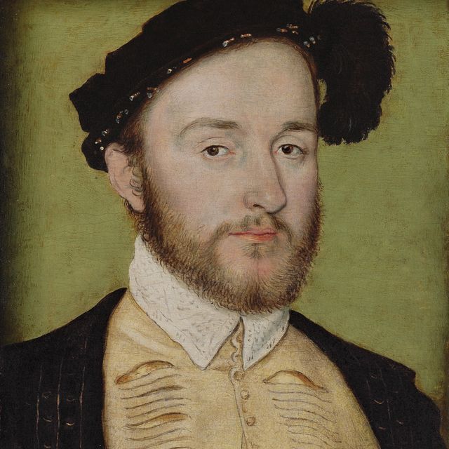 Corneille — Портрет Шарля де Ларошфуко (1525-1562), сеньора де Рандана, во весь рост, в камзоле с разрезом, черном плаще и шапочке с пером