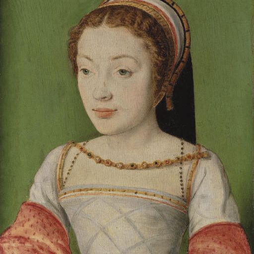Corneille — Портрет Рене де Франс (1510-1574), длиной до груди, в белом платье с красными рукавами, с украшенным драгоценными камнями ожерельем и головным убором