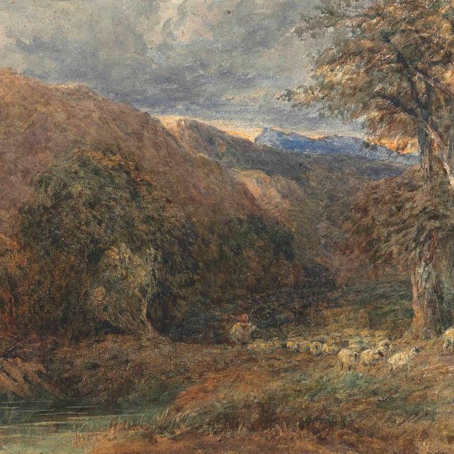 David Cox — Пастух со своим стадом на лесной тропинке в холмистой местности