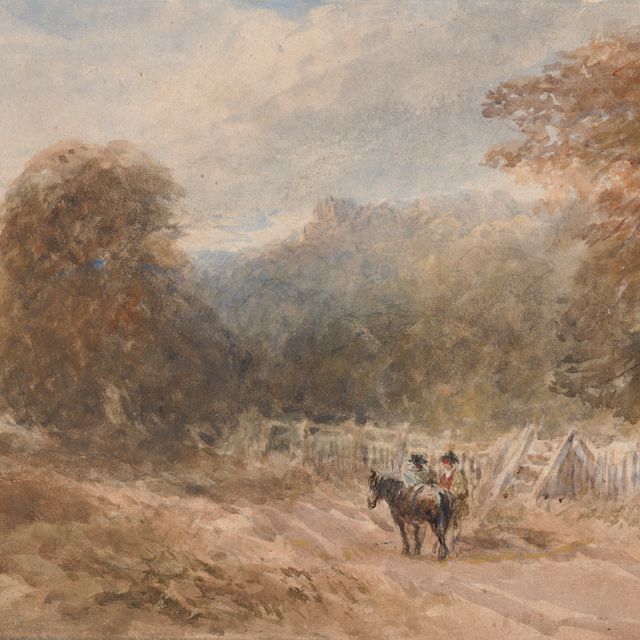 David Cox — Фигуры с пони у забора, замком за ним (справа ) и изображением деревьев ( сзади )