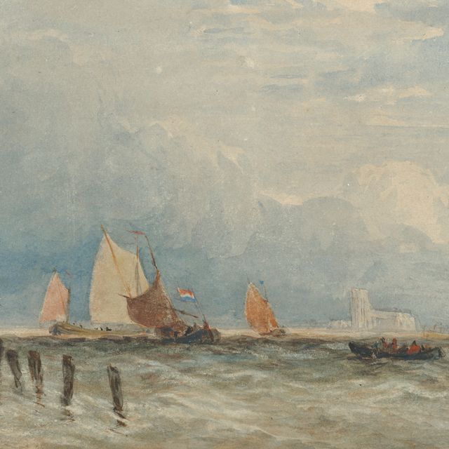 David Cox — Недалеко от побережья можно заняться голландской рыбалкой, а вдалеке - Гроте Керк, Дордрехт