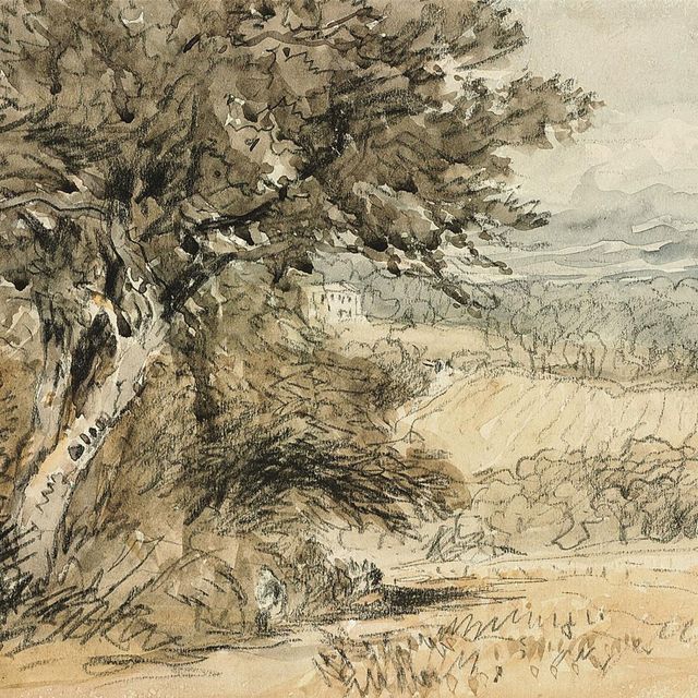 David Cox — Вид на Харборнскую церковь и Харборн-холл, Бирмингем (справа); с дополнительным карандашным наброском фигуры верхом на лошади на фоне пейзажа (оборотная сторона )