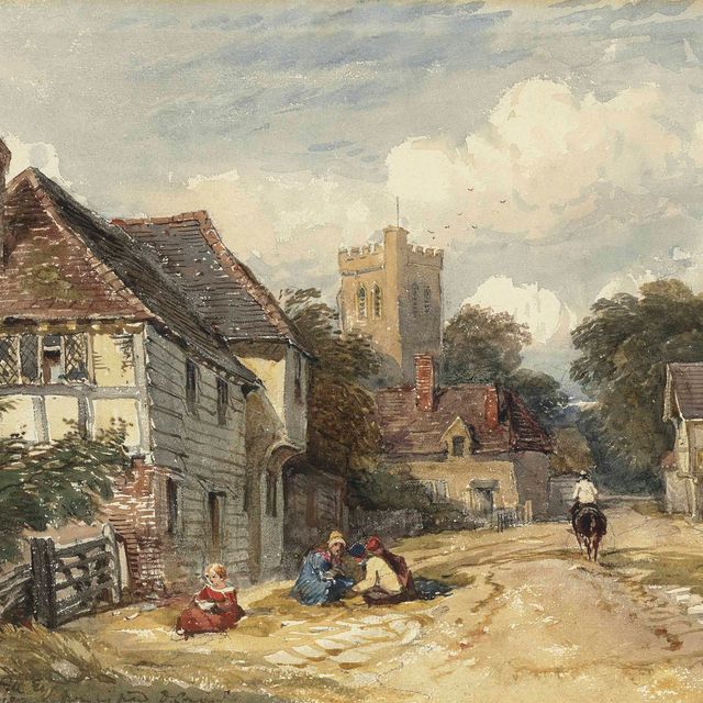 David Cox — Деревенская улица с фигурками и всадником, церковь за ней.
