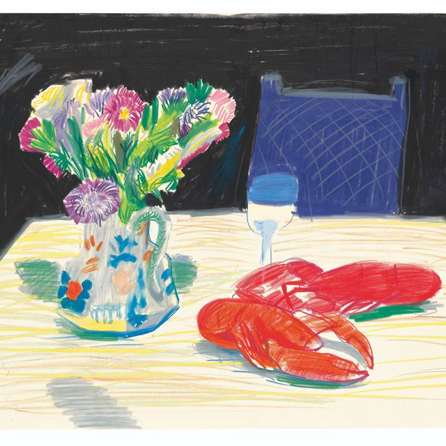 David Hockney — Натюрморт с цветами и омарами в ресторане Odin's