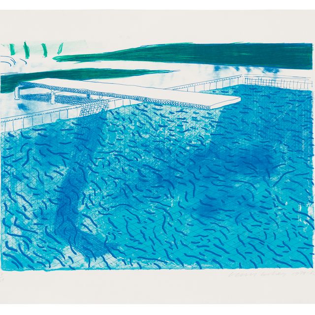 David Hockney — Литография воды, выполненная толстыми и тонкими линиями, а также светло-голубым и темно-синим штрихом