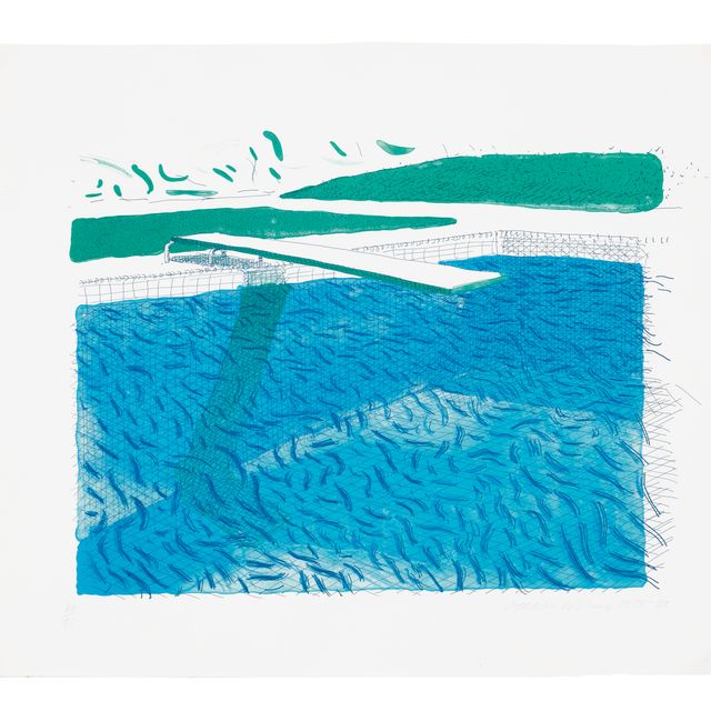 David Hockney — Литографская вода, сделанная из линий, цветного карандаша и двух синих промывок