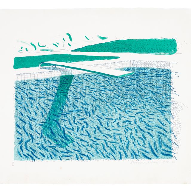 David Hockney — Литографская вода, выполненная из линий, мелка и синей краски