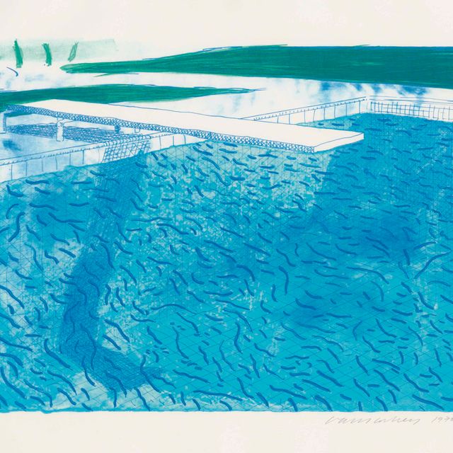 David Hockney — Литография воды, выполненная толстыми и тонкими линиями, а также светло-голубым и темно-синим штрихом