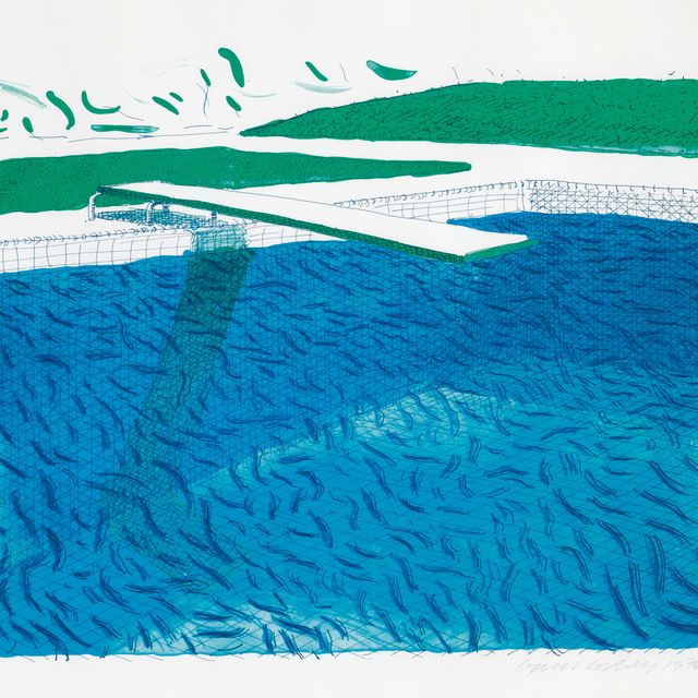 David Hockney — Литографская вода, сделанная из линий, цветного карандаша и двух синих промывок