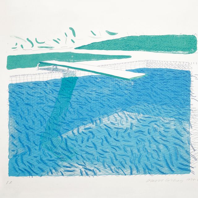 David Hockney — Литографская вода, сделанная из линий, цветного карандаша и двух синих промывок