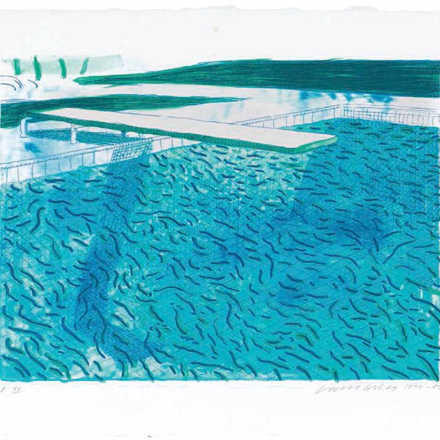 David Hockney — Литография воды, выполненная из толстых и тонких линий, зеленого, светло-голубого и темно-синего цветов