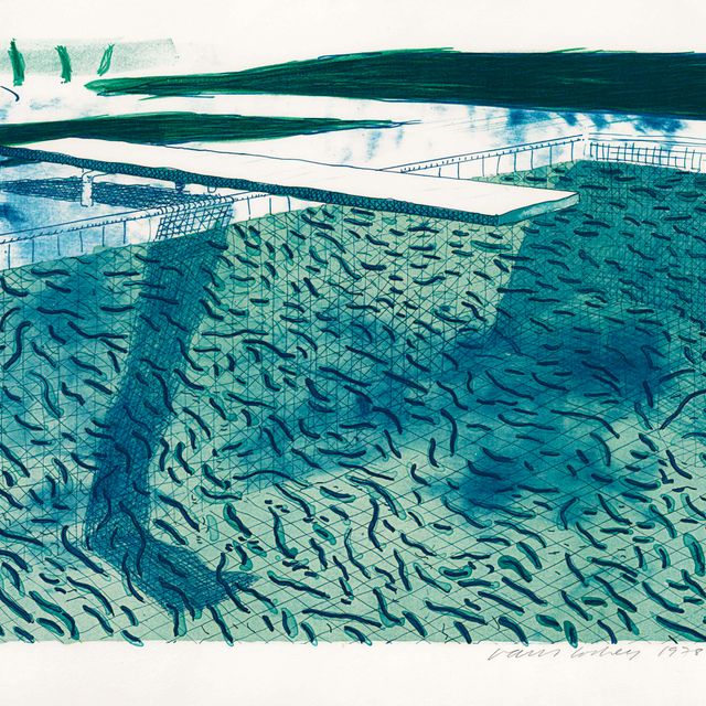 David Hockney — Литография воды, выполненная из толстых и тонких линий и двух светло-голубых разводов (Токио 207)