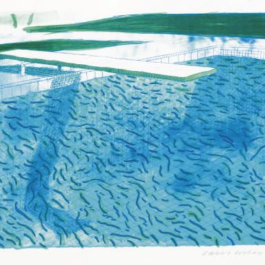 David Hockney — Литография воды, выполненная из толстых и тонких линий, зеленого, светло-голубого и темно-синего цветов (Tyler 245; M.C.A.T. 202)