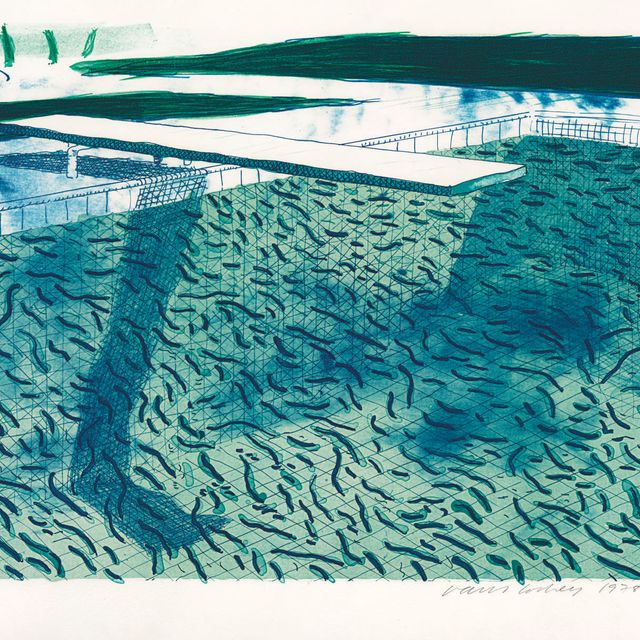 David Hockney — Литография воды, выполненная из толстых и тонких линий и двух светло-голубых разводов (Tyler 250; M.C.A.T. 207)