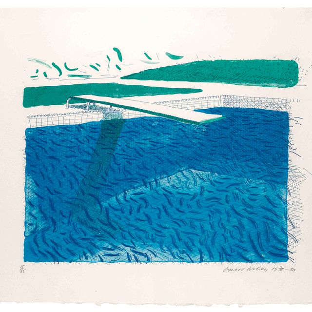 David Hockney — Литография на воде, выполненная линиями, мелком и двумя синими полосками (T. 252; M.C.A.T. 209)