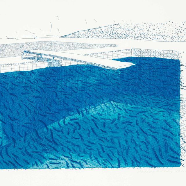 David Hockney — Литография на воде, выполненная из линий, цветного карандаша и двух промывок синим без промывки зеленым