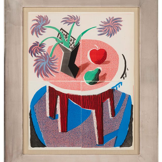 David Hockney — Цветы, яблоки и груши на столе, июль 1986