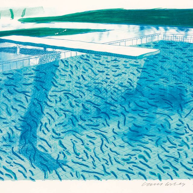 David Hockney — Литография воды, выполненная из толстых и тонких линий и двух светло-голубых разводов (Tyler 250; M.C.A.T. 207)
