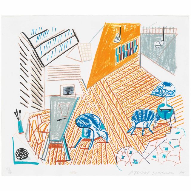 David Hockney — Студия в Пемброке с синими стульями и лампой, от: Moving Focus
