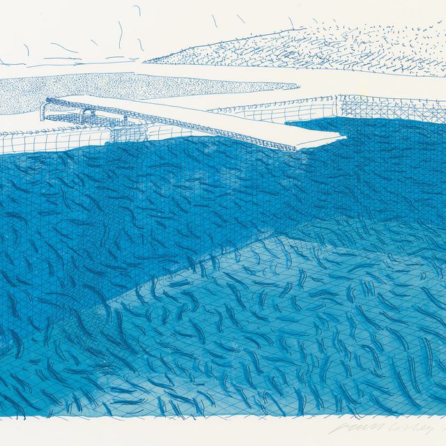 David Hockney — Литография на воде, выполненная линиями, мелком и двумя синими полосками без зеленой (номер работы Тайлера DH78-475D; см. Tyler 252; см. M.C.A.T. 209)