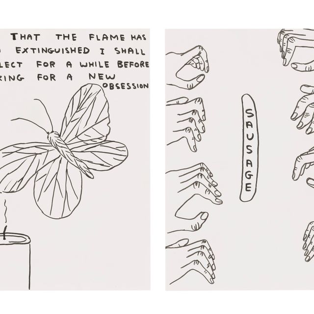 David Shrigley — (i) Без названия (Внутри меня есть другой...) (ii) Без названия (Теперь, когда пламя погасло...) (iii) Без названия (Сосиска) (iv) Без названия (Состязание во сне может продолжаться вечно)