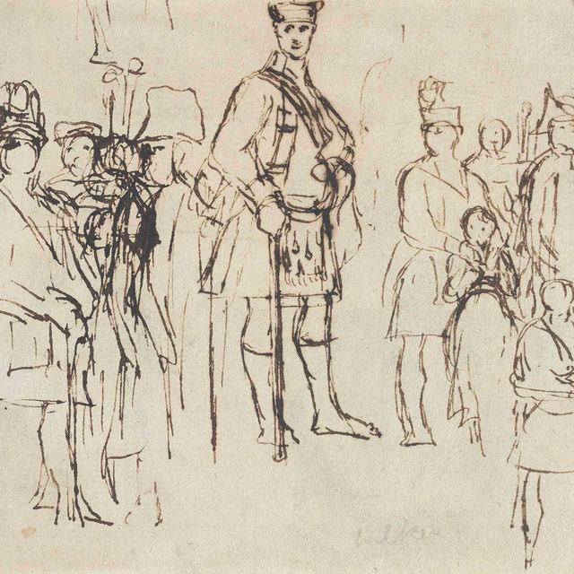 David Wilkie — Пять этюдов с фигурами: возможно, Георг IV в шотландском наряде (иллюстрированный), с изображением танцующих фигур (оборотная сторона); и четыре различных этюда, смонтированных вместе