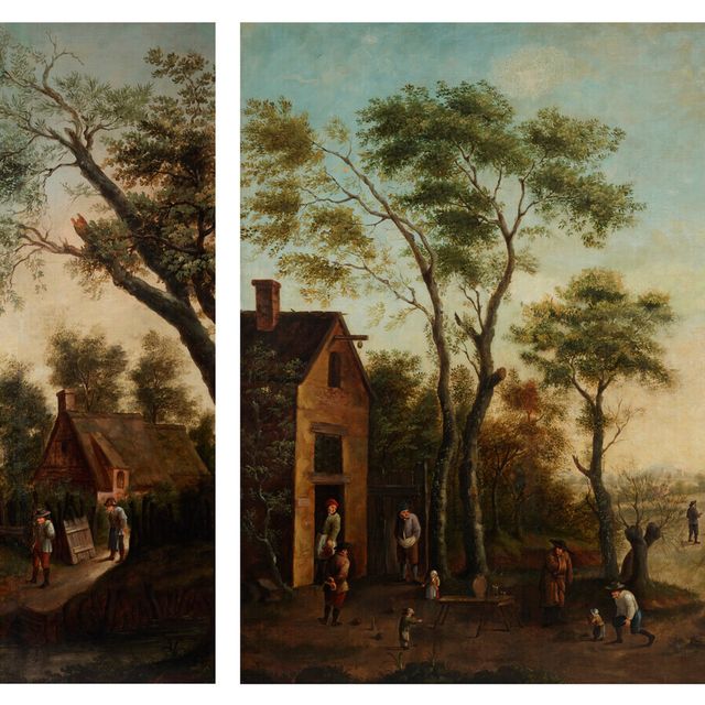 Dutch School — Деревенская сцена с танцующими крестьянами; Крестьянами с детьми, играющими в игры с путниками на тропинке; Крестьянами на тропинке с деревней на заднем плане; и крестьянами, пьющими и курящими возле таверны