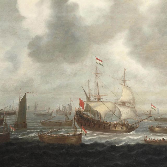 Dutch School — Морской пейзаж с голландским флотом на побережье