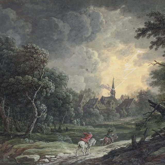 Dutch School — Два всадника, пережившие бурю, и молния, ударившая в церковь за ее пределами.