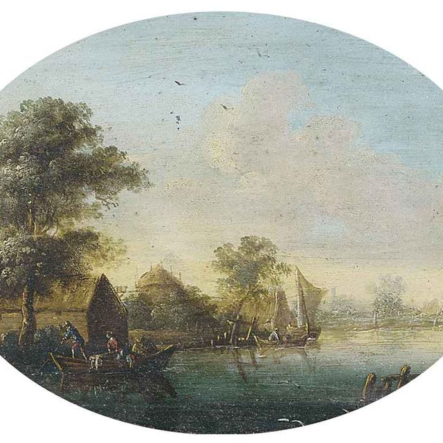 Dutch School — Речной пейзаж с фигурами в лодках; Речной пейзаж с рыбаками в лодке у ветряной мельницы
