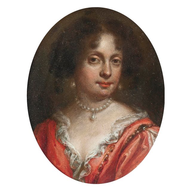 Dutch School — Портрет дамы, которую традиционно называют Екатериной Брагансской (1638-1705), длиной до груди, в красном платье с кружевной отделкой и жемчужном ожерелье