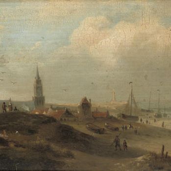 Dutch School — Прибрежный пейзаж с фигурами на пляже, церковь за ним.