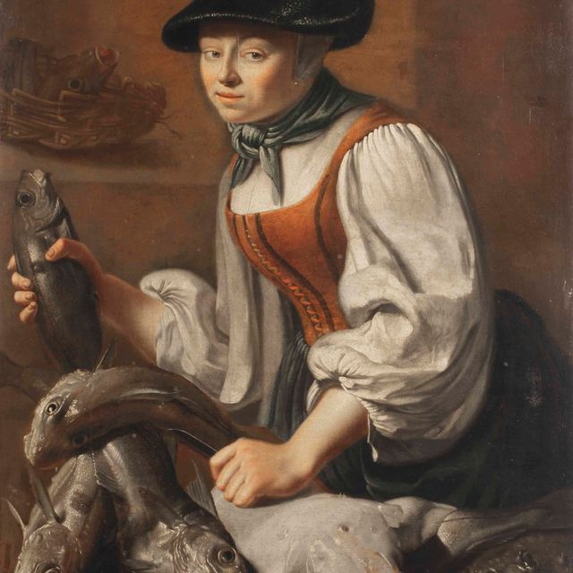Dutch School — Молодая женщина, продающая рыбу