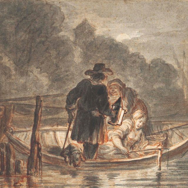 Dutch School — Ночные рыбаки с собакой