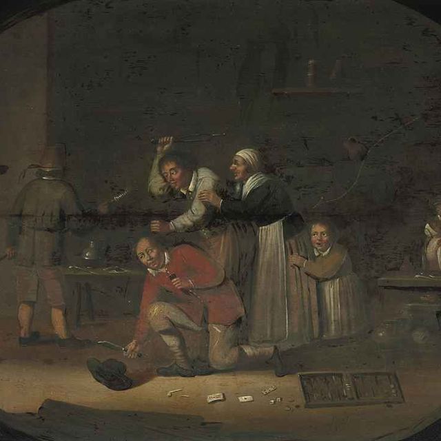 Dutch School — Крестьяне ссорятся и веселятся на постоялом дворе, в раскрашенном овальном
