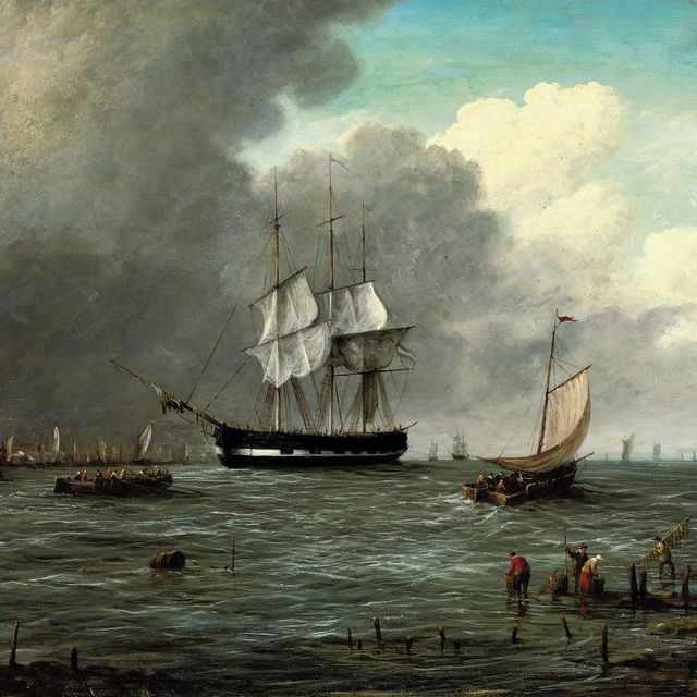 Dutch School — Голландский мано'о-вар заходит в порт вместе со сборщиками морских водорослей на берегу