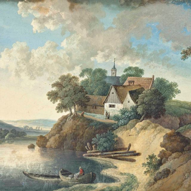 Dutch School — Холмистый речной пейзаж с деревней, лодками и фигурками; и скалистый речной пейзаж с деревянным мостом через разлившуюся реку (на иллюстрации)