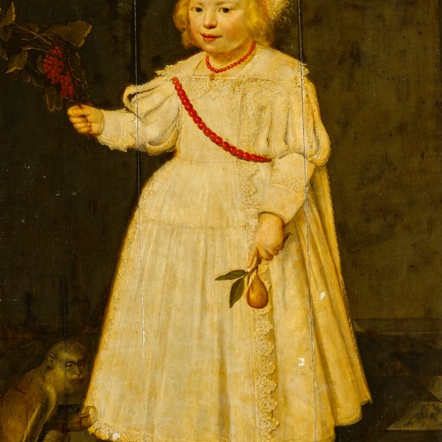 Dutch School — Портрет маленького мальчика, предположительно Ральфа Делавала (1622-1691), в полный рост, с красной смородиной и грушей в руках, с обезьяной