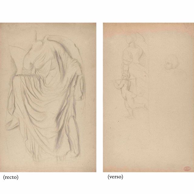 Edgar Degas — Этюд д'Апре "Ника в сандалиях" (прямая сторона); Этюд д'Апре в глубокой обработке Маркантонио Раймонди д'Апре Рафаэля, "Бурский пожар" (оборотная сторона)