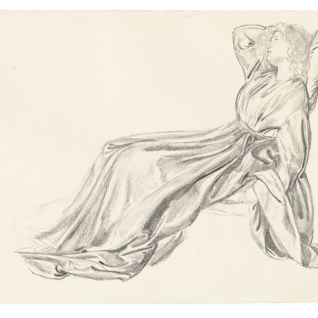 Edward Burne-Jones — Портрет Фанни Корнфорт, полулежащей в кресле, для "Laus Veneris"; с эскизами фигур для "Клерка Сондерса" (на обороте)