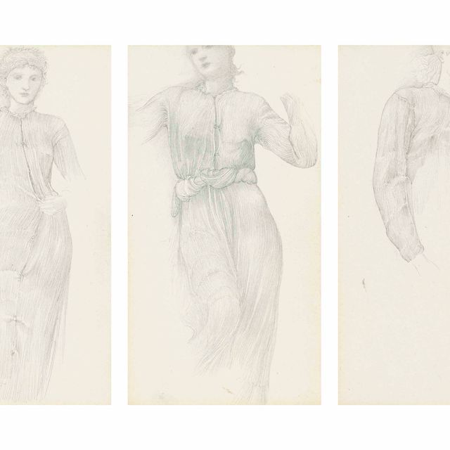 Edward Burne-Jones — Этюды для "Золотой лестницы": эскизы женской фигуры в драпировках, один из которых традиционно идентифицируется как Маргарет Берн-Джонс, другой - с дополнительной драпировкой (оборотная сторона).