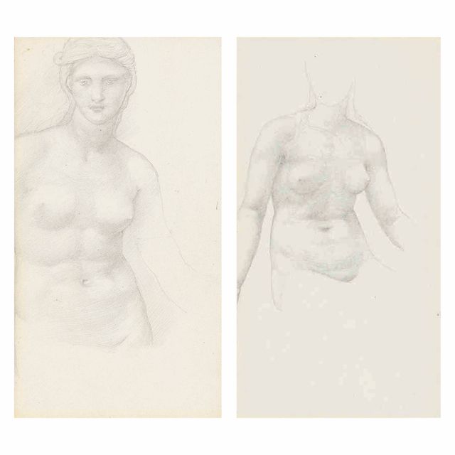Edward Burne-Jones — Этюды обнаженной фигуры для "Terra Omniparens", три четверти длины, один в положении сидя, другой с двумя этюдами головы младенца (оборотная сторона )