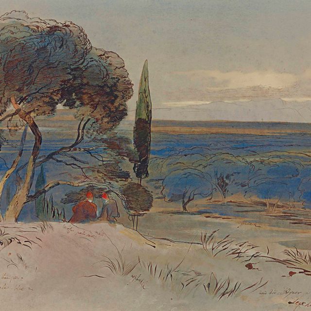 Edward Lear — Пейзаж на острове Корфу с двумя фигурами, сидящими на склоне холма
