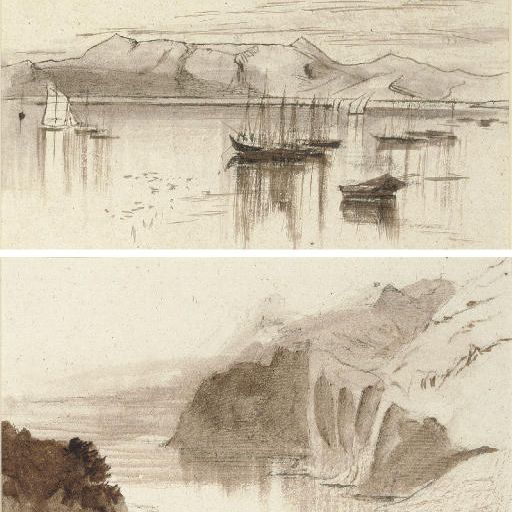 Edward Lear — Вид на гору Сан-Сальвадор, Корфу; и вид на Сант-Анджело, Корфу